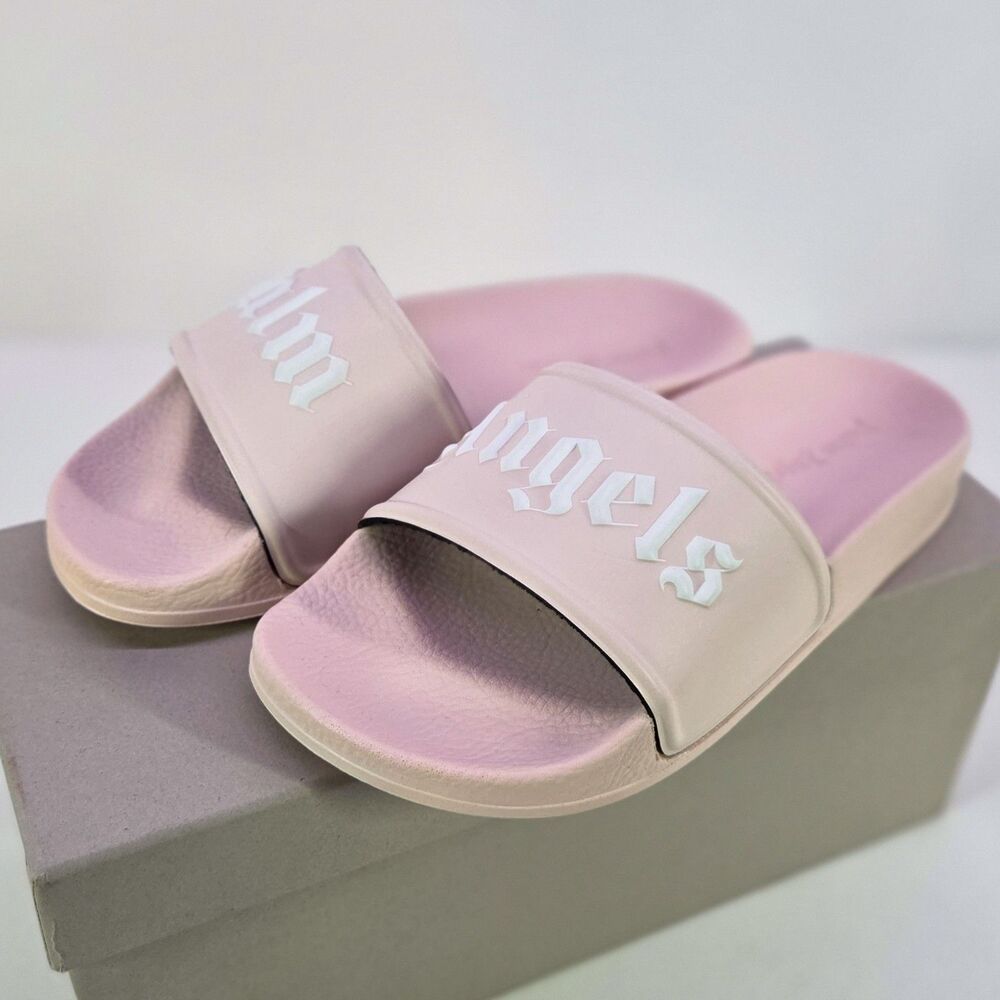 Palm Angels Kids Logo Pool Slides EU 31 Pink White Sandals New Box Dust Bag